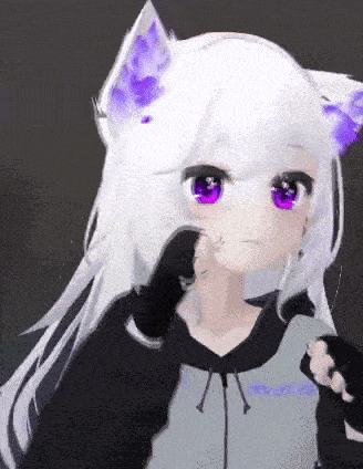a 3d anime girl with white hair and purple eyes is wearing a black hoodie and gloves .
