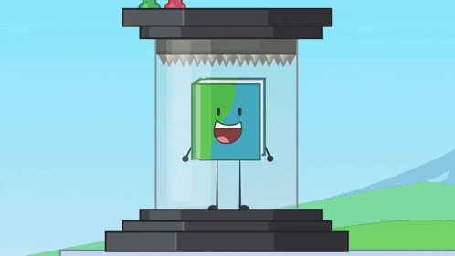 a cartoon illustration of a book in a glass container with a face .