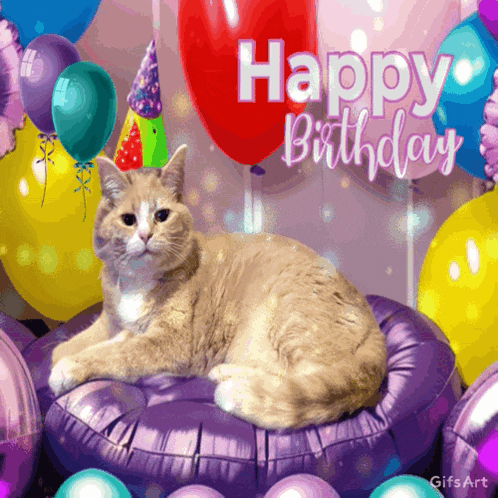 a cat is laying on a purple pillow with balloons and the words happy birthday written on it