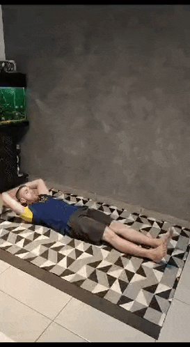 a man is laying on a rug on the floor in a living room .