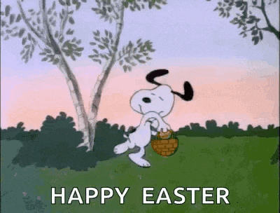 snoopy is holding a basket of eggs in a field and says `` happy easter '' .