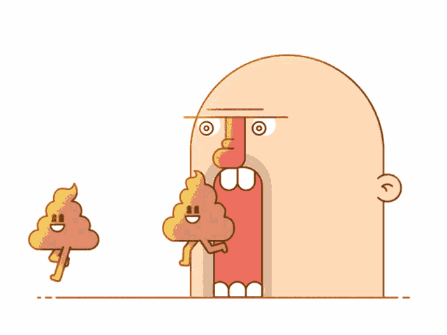 a cartoon drawing of a man with his mouth open and two poop characters standing next to him