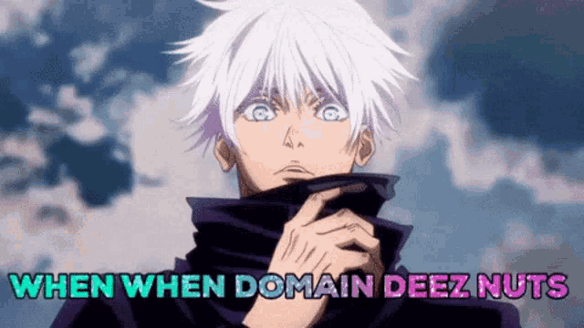 a man with white hair and blue eyes is standing in front of a cloudy sky and the words `` when when domain deez nuts ''