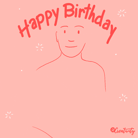 a drawing of a man with a hand on his chest and the words happy birthday above him