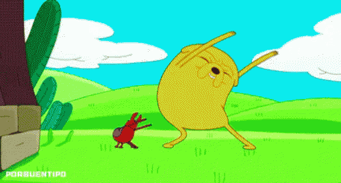 a cartoon character is dancing in a field with the words porbuentipo on the bottom right