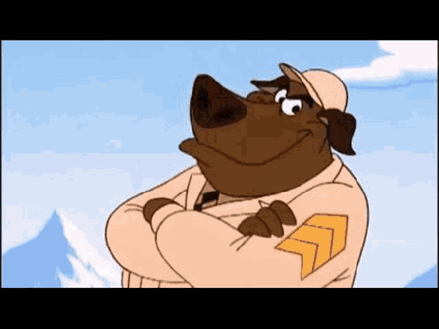a cartoon character is standing with his arms crossed .