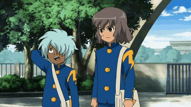 two anime characters standing next to each other with one wearing a blue uniform with a yellow arrow on it
