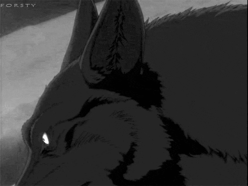 a black and white drawing of a werewolf with glowing eyes and sharp teeth .