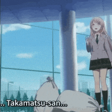a girl in a school uniform is standing next to a bag and says takamatsu-san