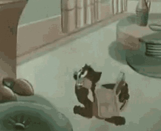 a cartoon cat is standing on a kitchen floor holding a bottle of milk .