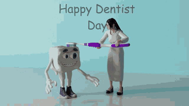 a cartoon of a woman brushing a tooth with the words happy dentist day