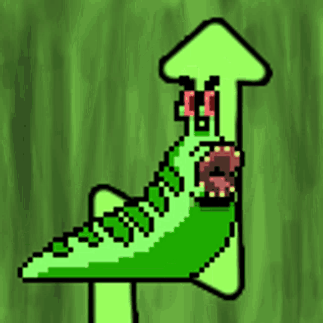 a pixel art drawing of a green arrow pointing upwards with a mouth open .