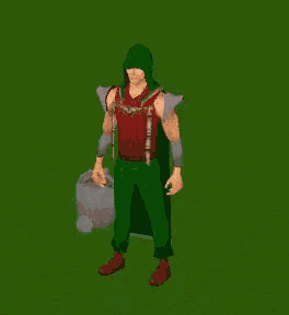 a man in a red shirt and green pants is holding a bucket full of coins .