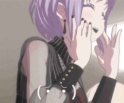 a girl with purple hair and black nails has a smiley face on her face