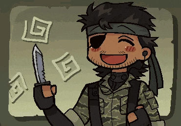a pixel art of a soldier holding a knife and smiling