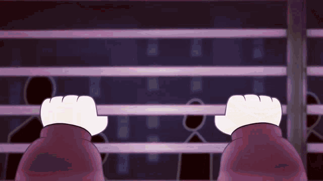 a cartoon character is standing on a balcony looking out a window at night