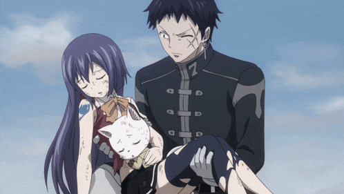 a man is carrying a girl with a cat in his lap