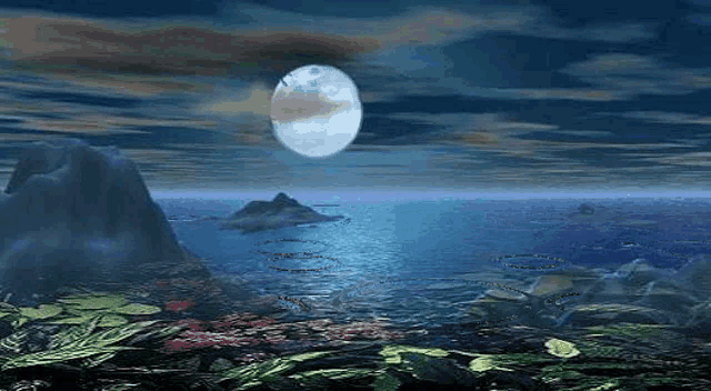 a full moon rises over a body of water with mountains in the background