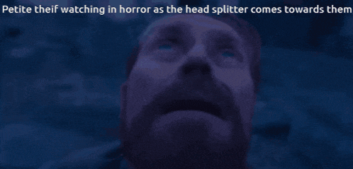 a man with a beard is looking up at the sky with a caption that says petite theif watching in horror