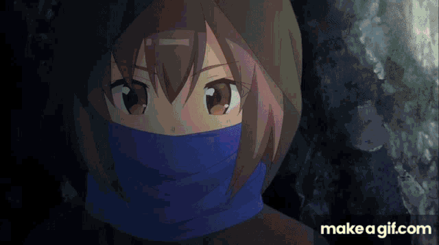 a girl with a blue scarf around her face and the words make a gif.com on the bottom