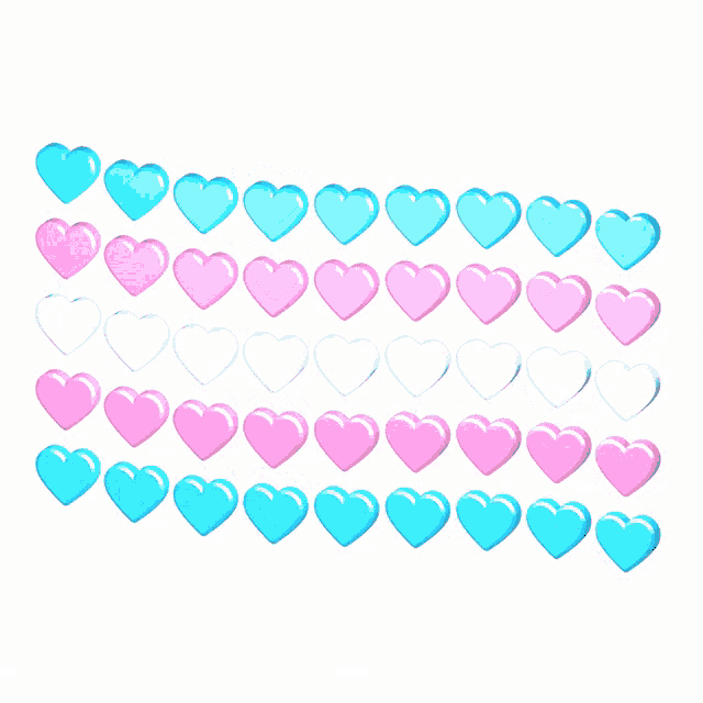 a row of pink and blue hearts on a white surface