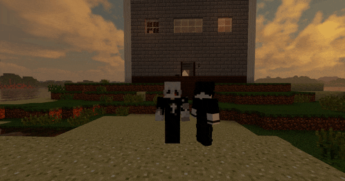 two minecraft characters are standing in front of a house