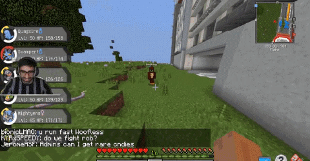a screenshot of a minecraft game shows a man with glasses talking to another man