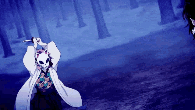 a person in a cat mask is holding a sword in a forest