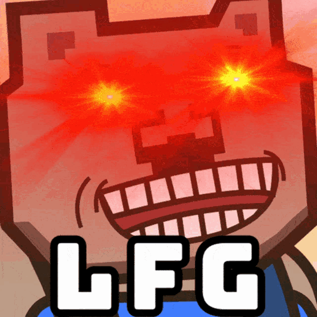a cartoon character with red eyes and the word lfg on the bottom