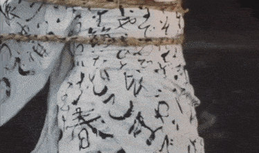 a piece of paper with chinese writing on it is tied to a person 's back