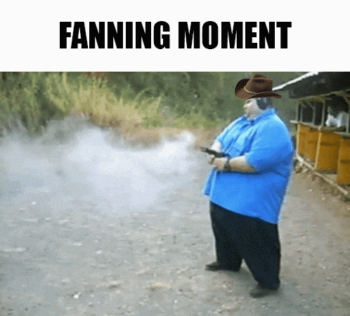 a fat man wearing a cowboy hat is holding a gun in a fanning moment