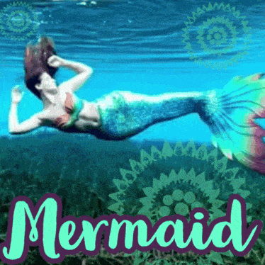 a mermaid is swimming in the ocean with the word mermaid above her
