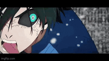 a close up of a person 's face with a blue eye and a blue shirt .