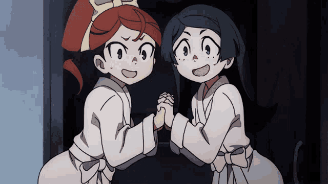 two cartoon characters are holding hands and smiling