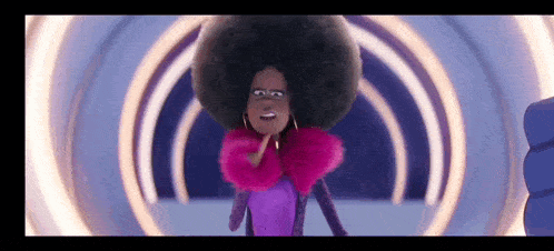 a cartoon character with a big afro and a pink fur coat .