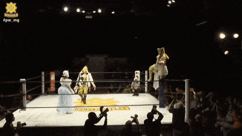 a woman in a white dress stands in a wrestling ring with the hashtag #pw_mg