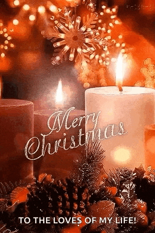 a christmas card with two lit candles and the words `` merry christmas to the loves of my life ''