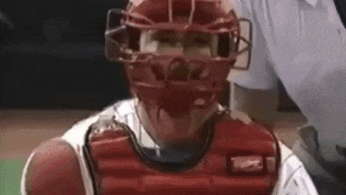a baseball catcher wearing a red helmet and vest is sitting on the field .