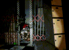 a dark room with lockers and a monster behind a gate