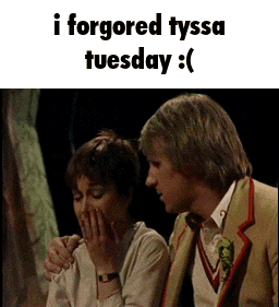 a man and a woman sitting next to each other with a caption that says " i forgored tyssa tuesday "