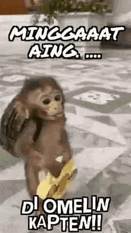 a monkey is standing on a tiled floor holding a banana and a backpack .