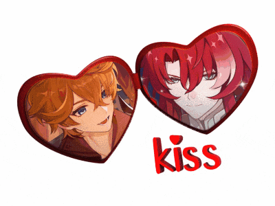 a couple of red hearts with the word kiss on it