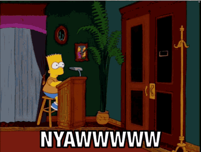 bart simpson sits at a podium while a pirate cat stands in front of a door that says nyawwww