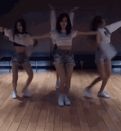 a group of girls are dancing on a wooden floor in a room .