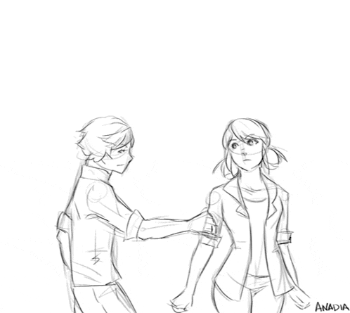 a black and white drawing of two people hugging with the name anadia on the bottom right