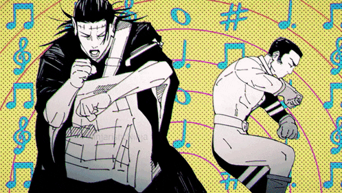 a black and white drawing of two men dancing with music notes in the background