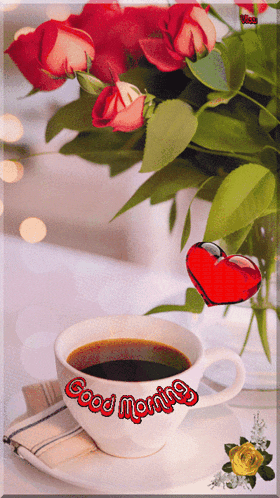 a cup of coffee says good morning next to a bouquet of roses