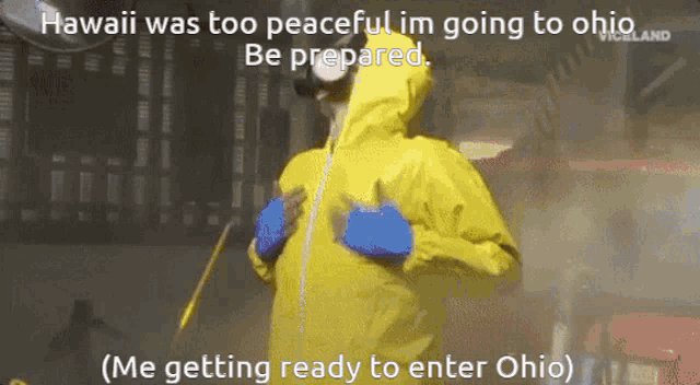 a man in a yellow suit says hawaii was too peaceful im going to ohio be prepared