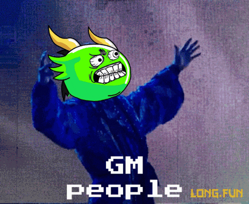 a cartoon character with a green face and the words " gm people "