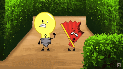a cartoon drawing of a light bulb and a red fan